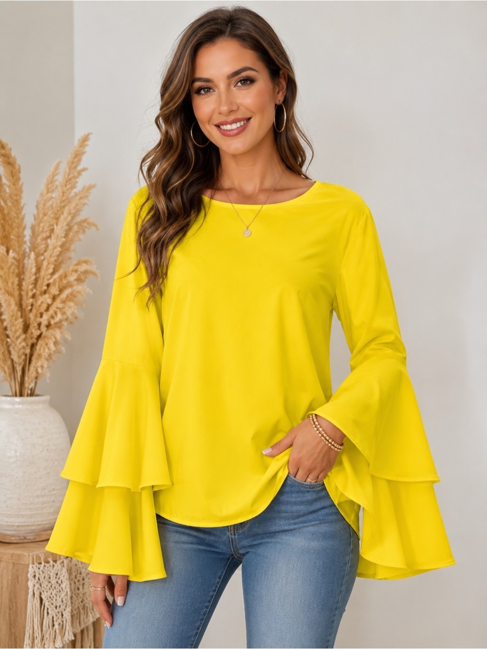 NWT L&B Lucky & Blessed Yellow Bell Sleeve Blouse XL Flowy Boutique Top